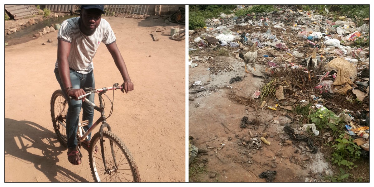 Portrait of Temidayo Isaiah on his bicycle next to a photo of an informal dump site in his community