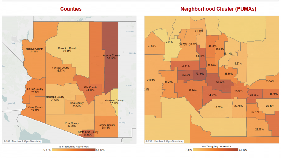 Maps comparing percentage of households struggling to meet basic needs by county and neighborhood