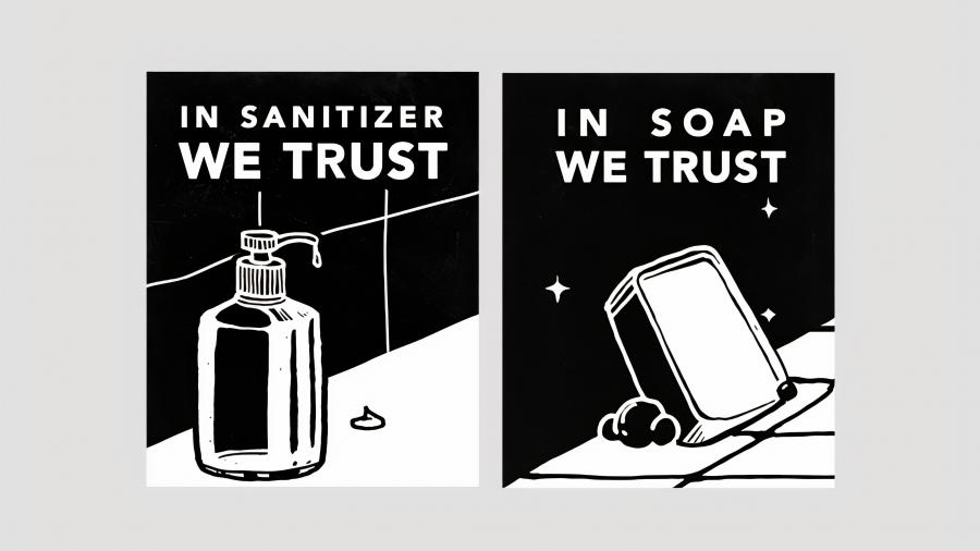 Sign reading "In sanitizer we trust" and "In soap we trust"