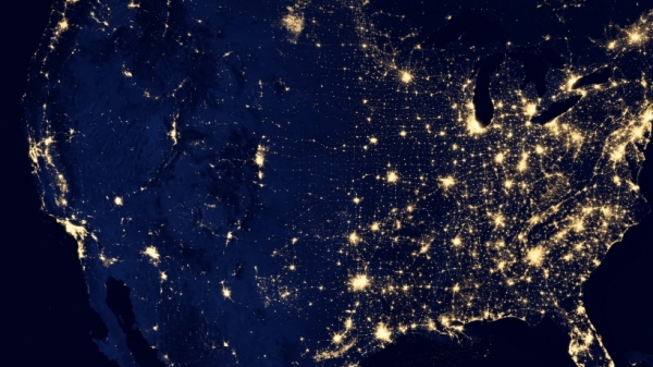 Satellite image of the continental U.S. at night