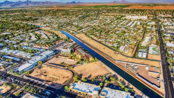 Aerial shot of Phoenix neighborhoods and canal