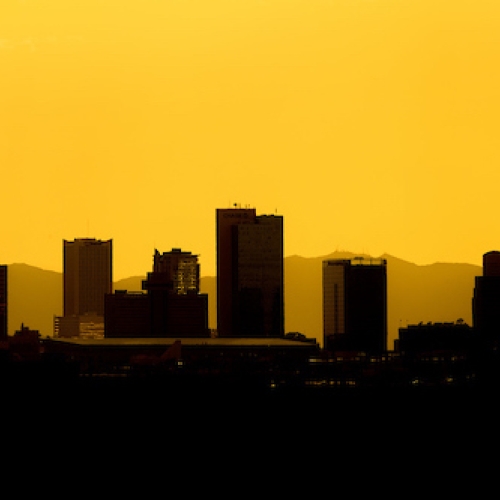 A silhouette of the downtown Phoenix skyline