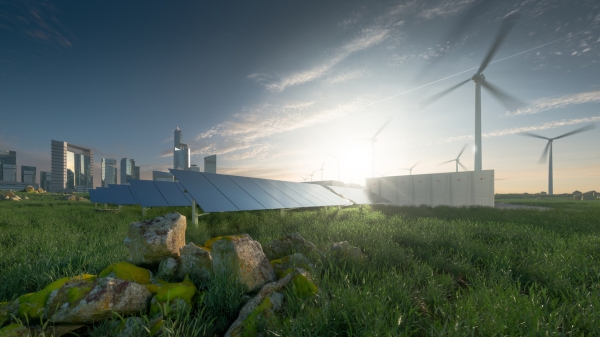 Future renewable energy solution for sustainable cities. Modern black frameless solar panels, battery energy storage facility, wind turbines and big city with skycrapers in background. 3d rendering.
