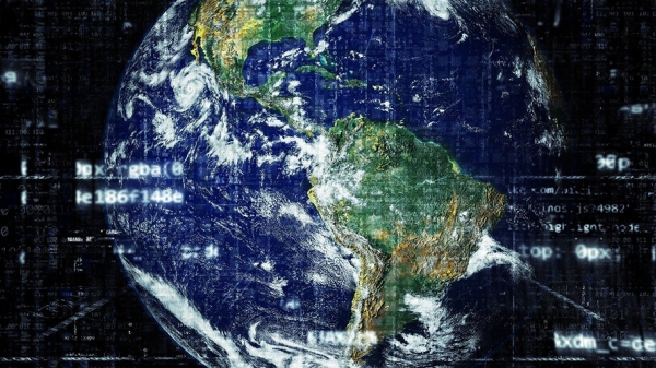 Data and numbers overlay the earth, as seen from space