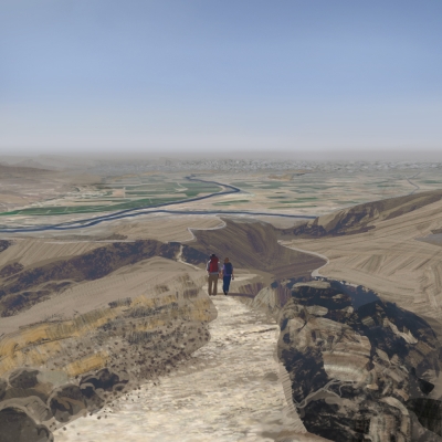 Sample card from Watershed: Arizona depicting two people hiking in Yuma, Arizona 